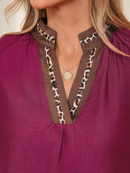 Leopard Trim V Neck Flounced Bracelet Sleeve Blouse