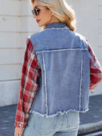 Raw Hem Plaid Sleeve Denim Jacket
