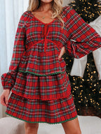 Plaid Print Ricrac Tiered Bubble Sleeve Mini Dress
