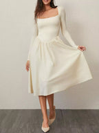 Square Neck Long Sleeve Midi Dress