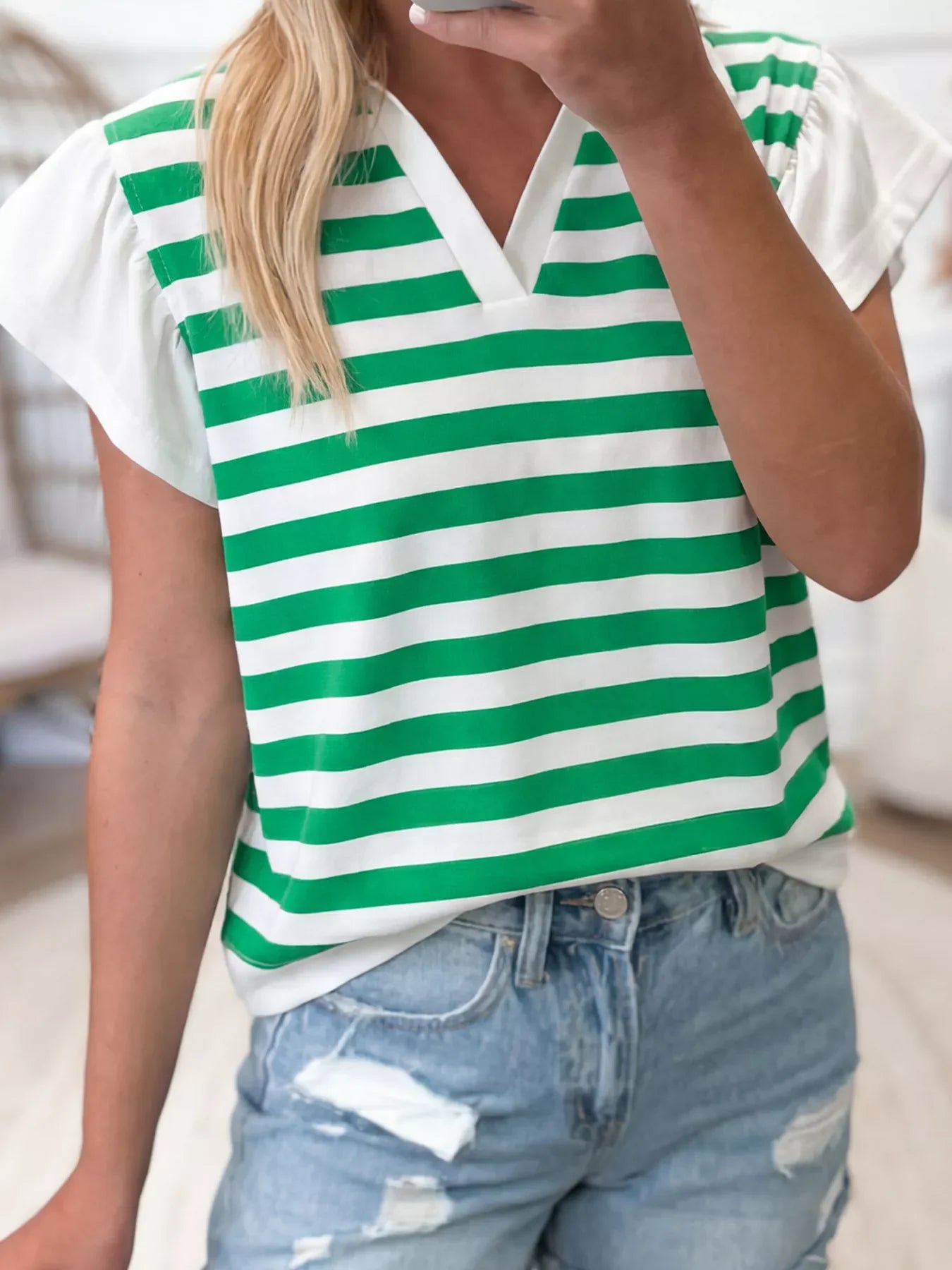 Stripe Collar V Neck Ruffled Short Sleeve Blouse
