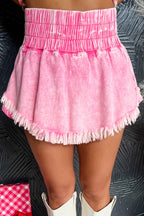 Washed Wide Smocked Waistband Frayed Denim Shorts
