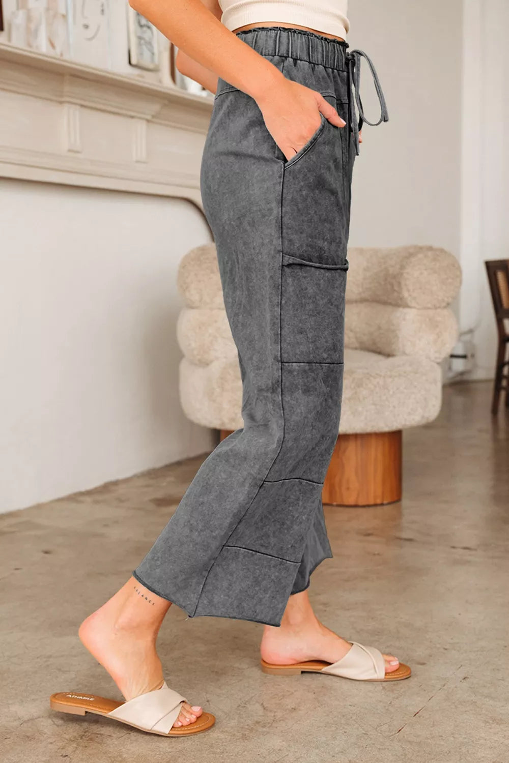Mineral Wash Lace-up High Waist Raw Hem Patched Pocket Pants