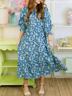 Floral Print Midi Dress with Puff Sleeves