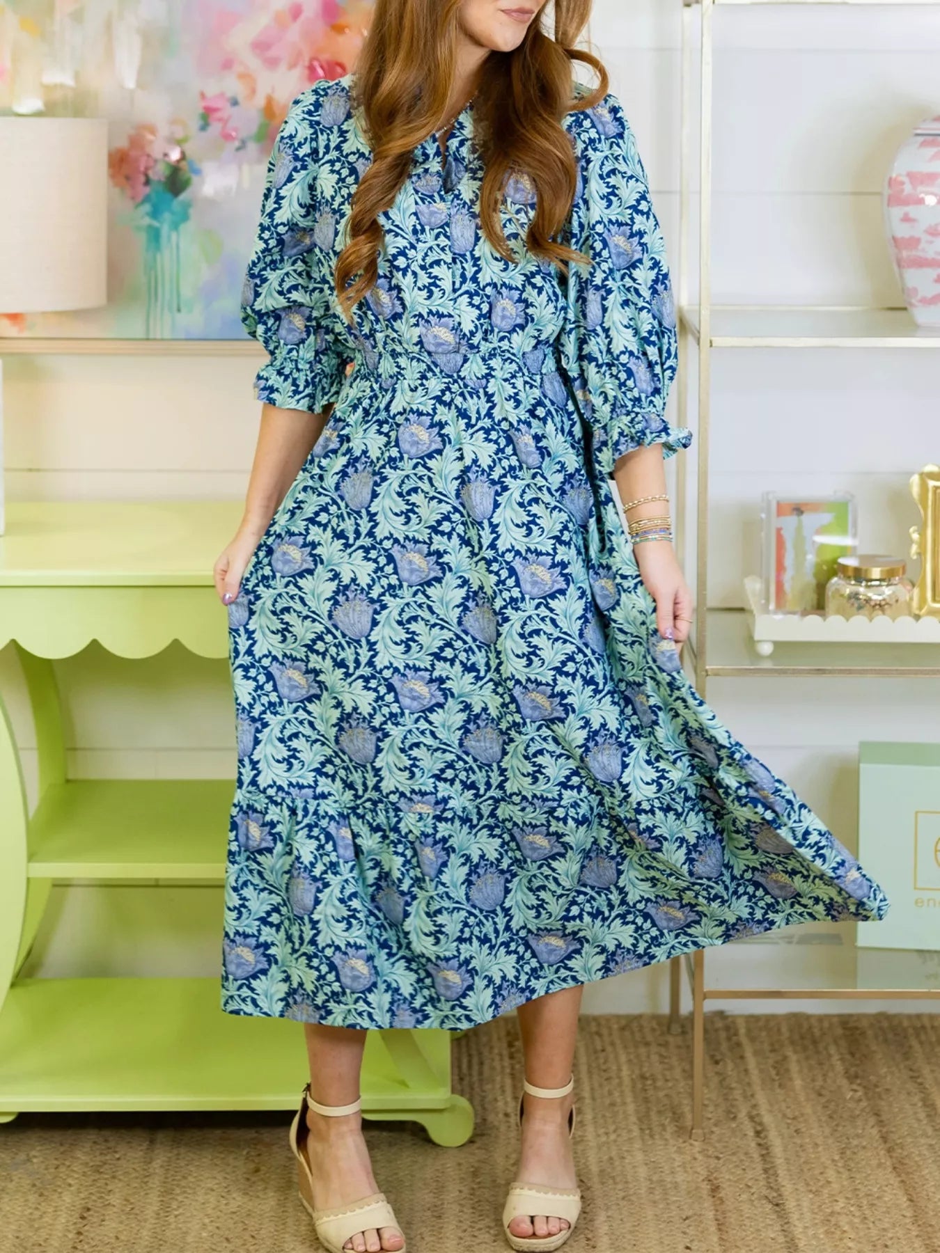Floral Print Midi Dress with Puff Sleeves