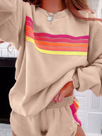 Striped Round Neck Sweatshirt and Shorts Set