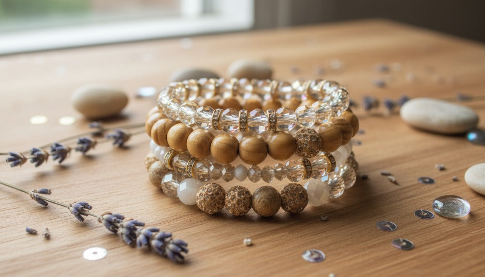 Wood and Crystal Beaded Bracelet Stack