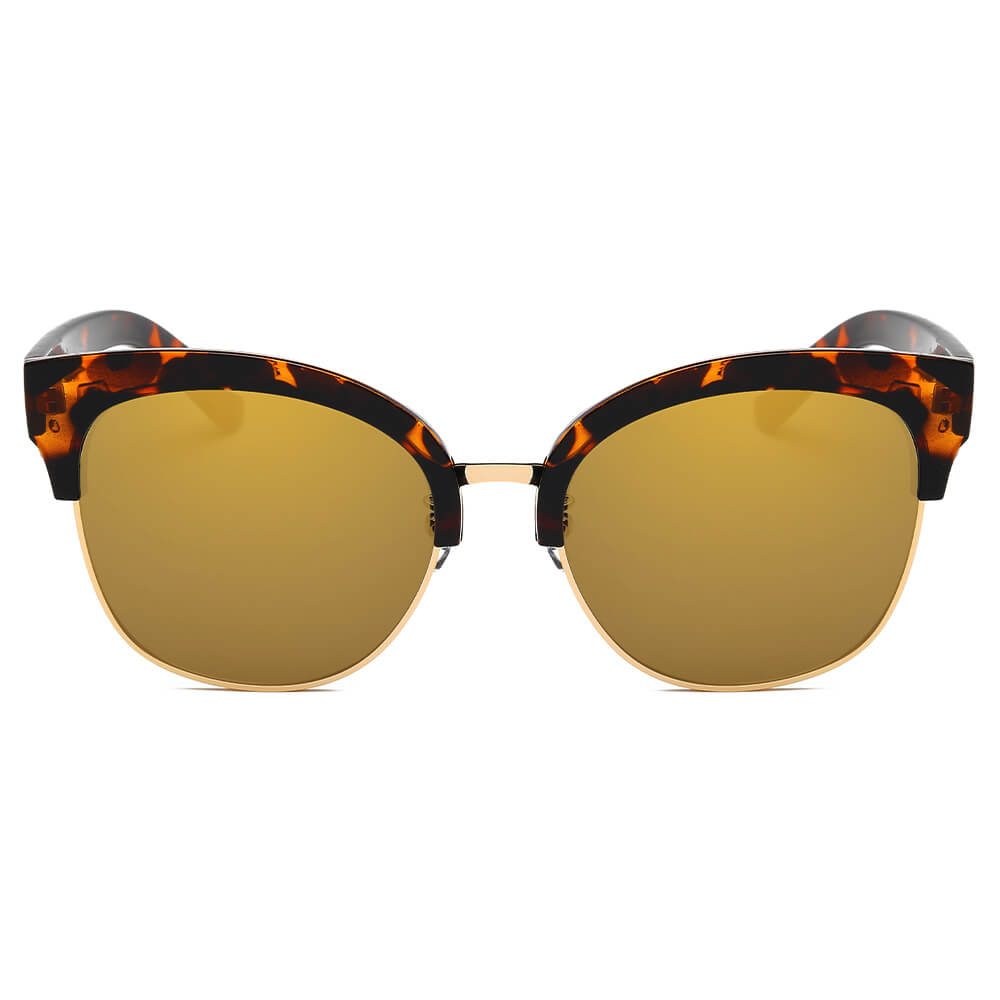 JENISON | Flat Mirrored Lens Clubmaster Horned Rim Sunglasses