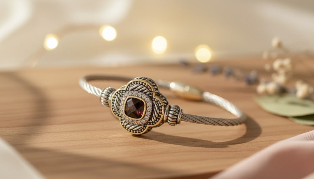 Vintage-Style Silver Bracelet with a Red Gemstone Centerpiece