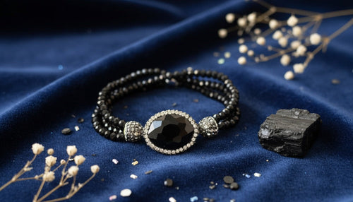 Black Beaded Bracelet with a Large Faceted Centerpiece