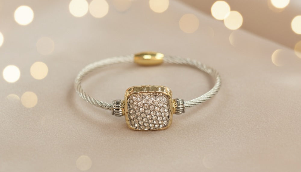 Cable-Style Bracelet with a Crystal-Studded Gold Centerpiece