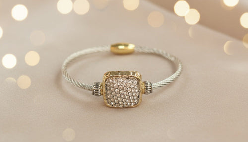 Cable-Style Bracelet with a Crystal-Studded Gold Centerpiece