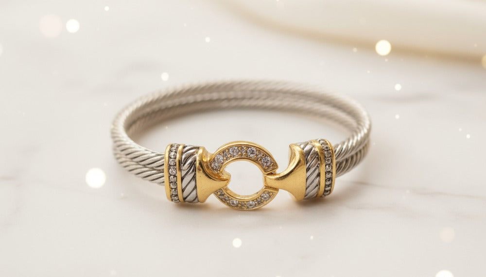 Two-Tone Cable Bracelet with Crystal-Studded Clasp