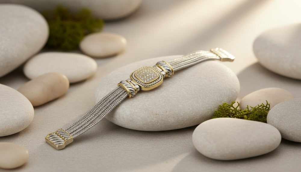 Silver and Gold Bracelet with Diamond-Accented Centerpiece