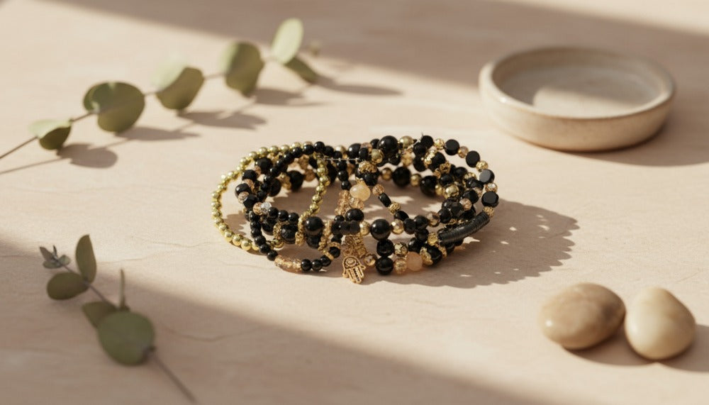 Bohemian Black and Gold Beaded Wrap Bracelet