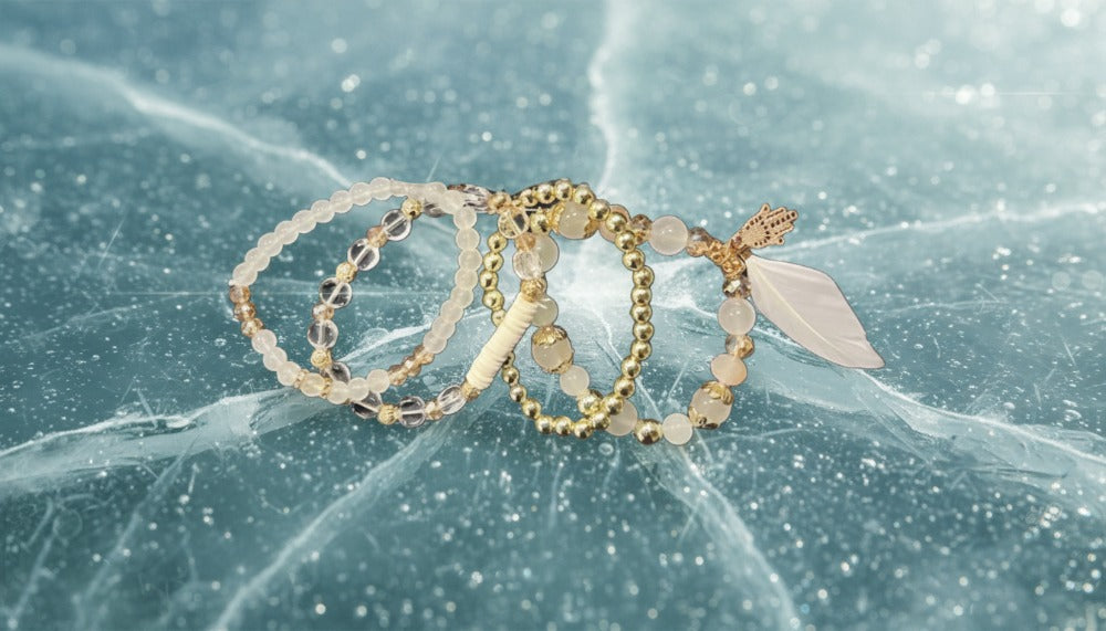 Gold and Crystal Beaded Bracelet Set with Charms