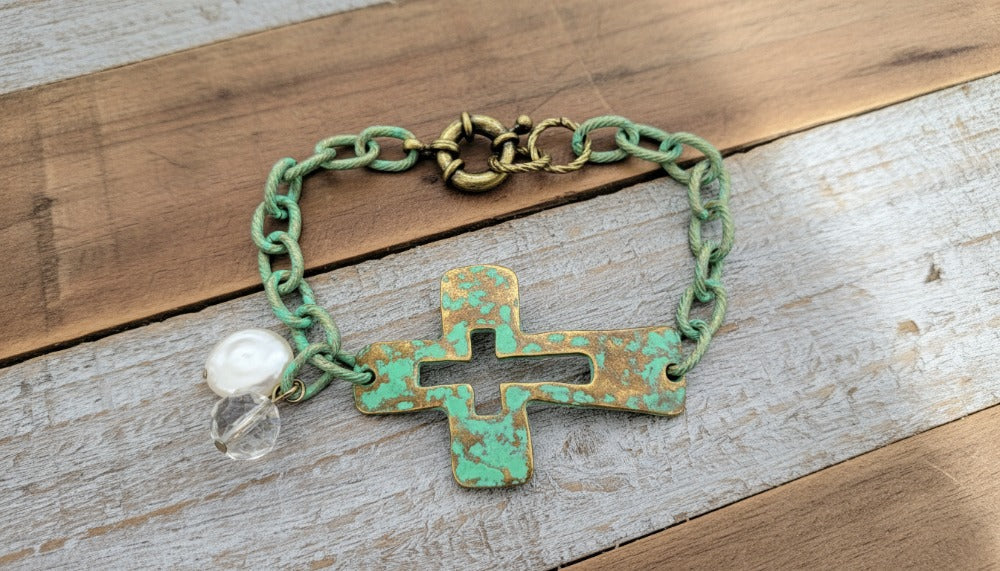 Rustic Turquoise Cross Bracelet with Pearl and Crystal Charm