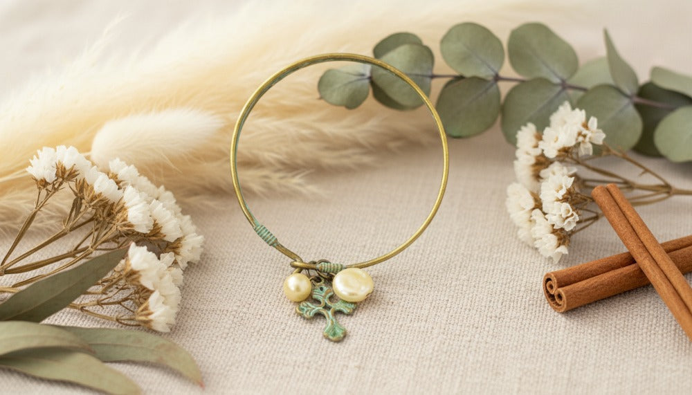Brass Bangle with Pearls and Patina Cross Charm