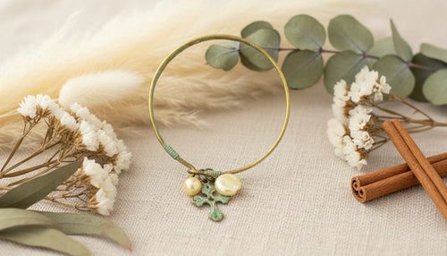 Brass Bangle with Pearls and Patina Cross Charm