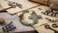 Cross Bracelet with Pearl, Keys, and Lavender Accents