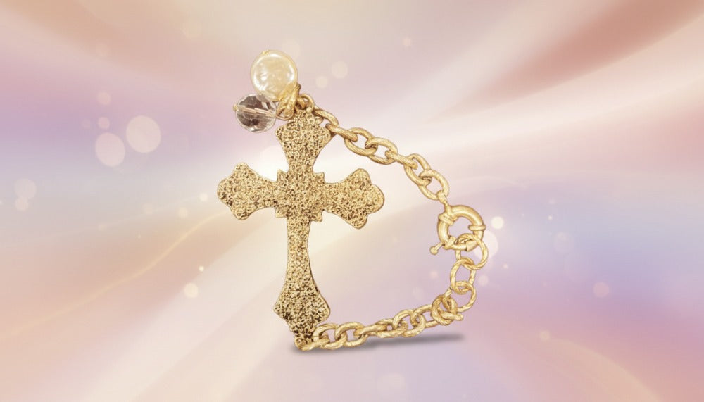 Golden Cross Charm Bracelet with Pearl and Crystal Accents