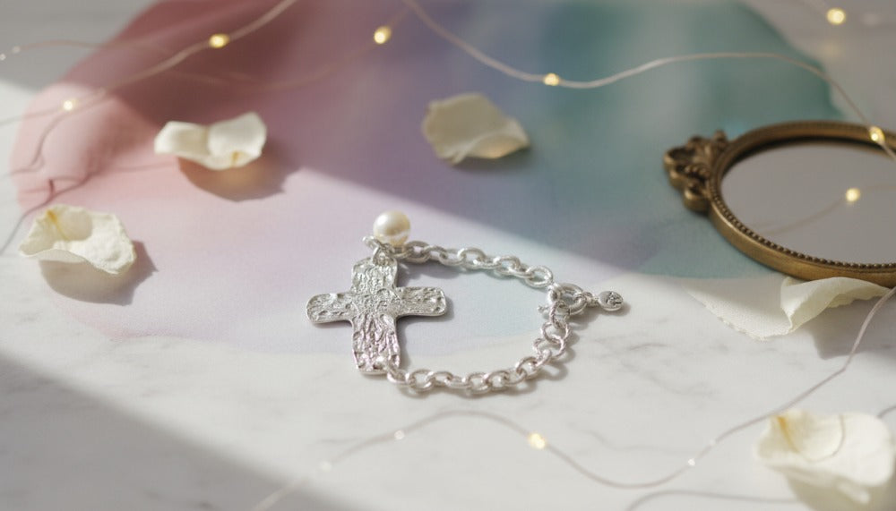 Silver Cross Bracelet with Pearl