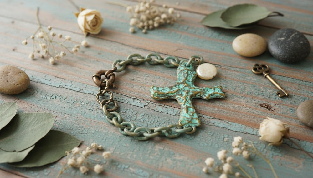 Turquoise Cross Bracelet with Chain and Charm Accents