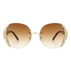 Jadeisle - Women Oval Rimless Rhinestone Design Round Oversize Sunglasses