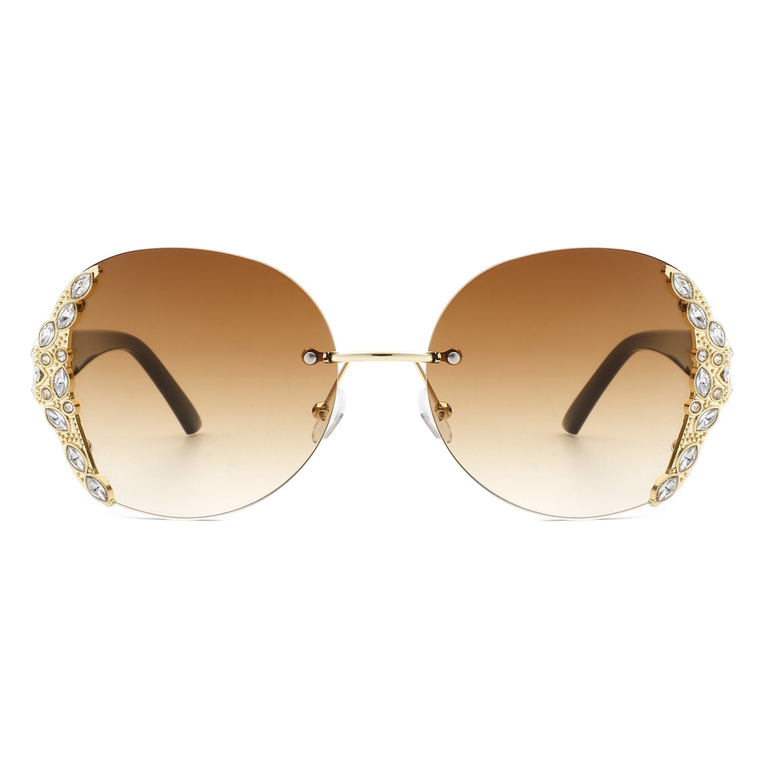 Jadeisle - Women Oval Rimless Rhinestone Design Round Oversize Sunglasses