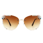 Nightbri - Women Rimless Tinted Chic Rhinestone Fashion Cat Eye Sunglasses
