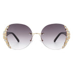 Jadeisle - Women Oval Rimless Rhinestone Design Round Oversize Sunglasses