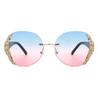 Jadeisle - Women Oval Rimless Rhinestone Design Round Oversize Sunglasses