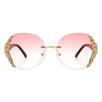 Jadeisle - Women Oval Rimless Rhinestone Design Round Oversize Sunglasses