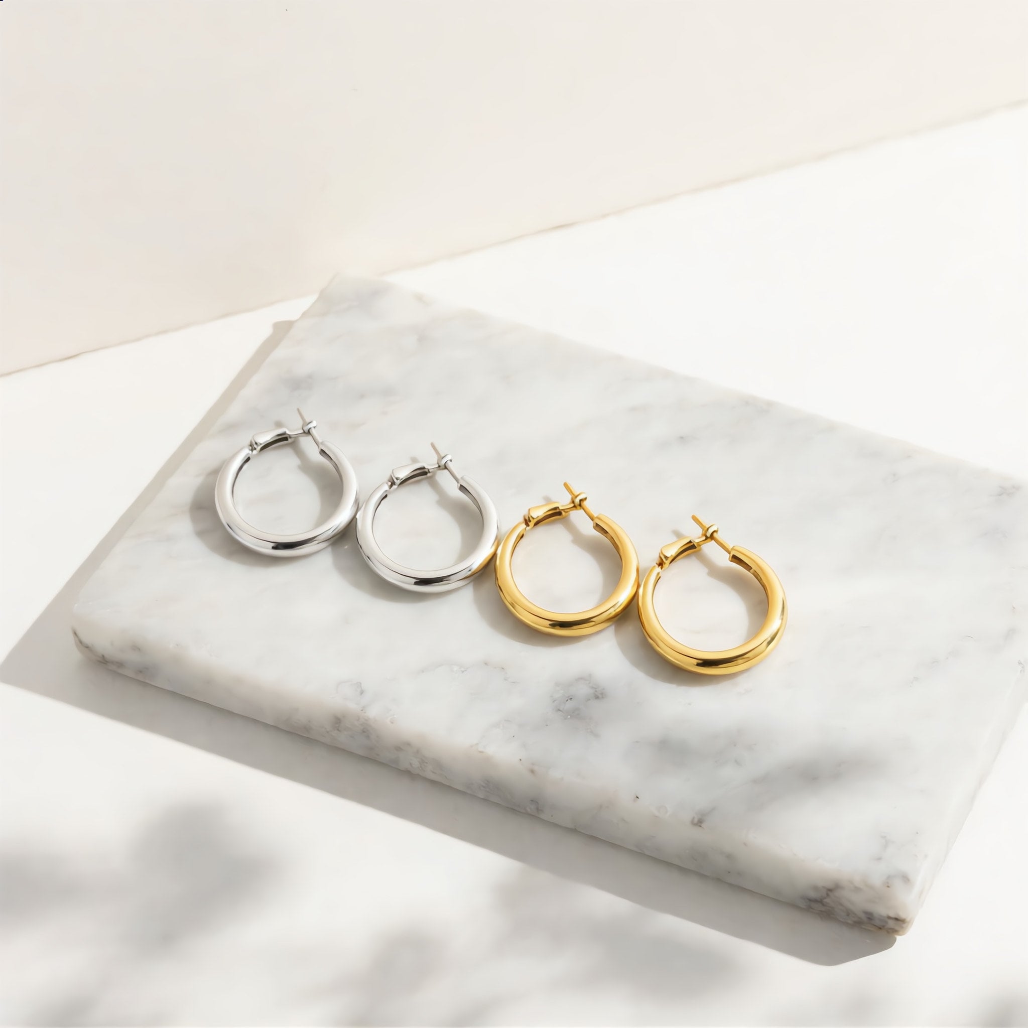 Silver and Gold Chunky Hollow Tube Hoop Earrings