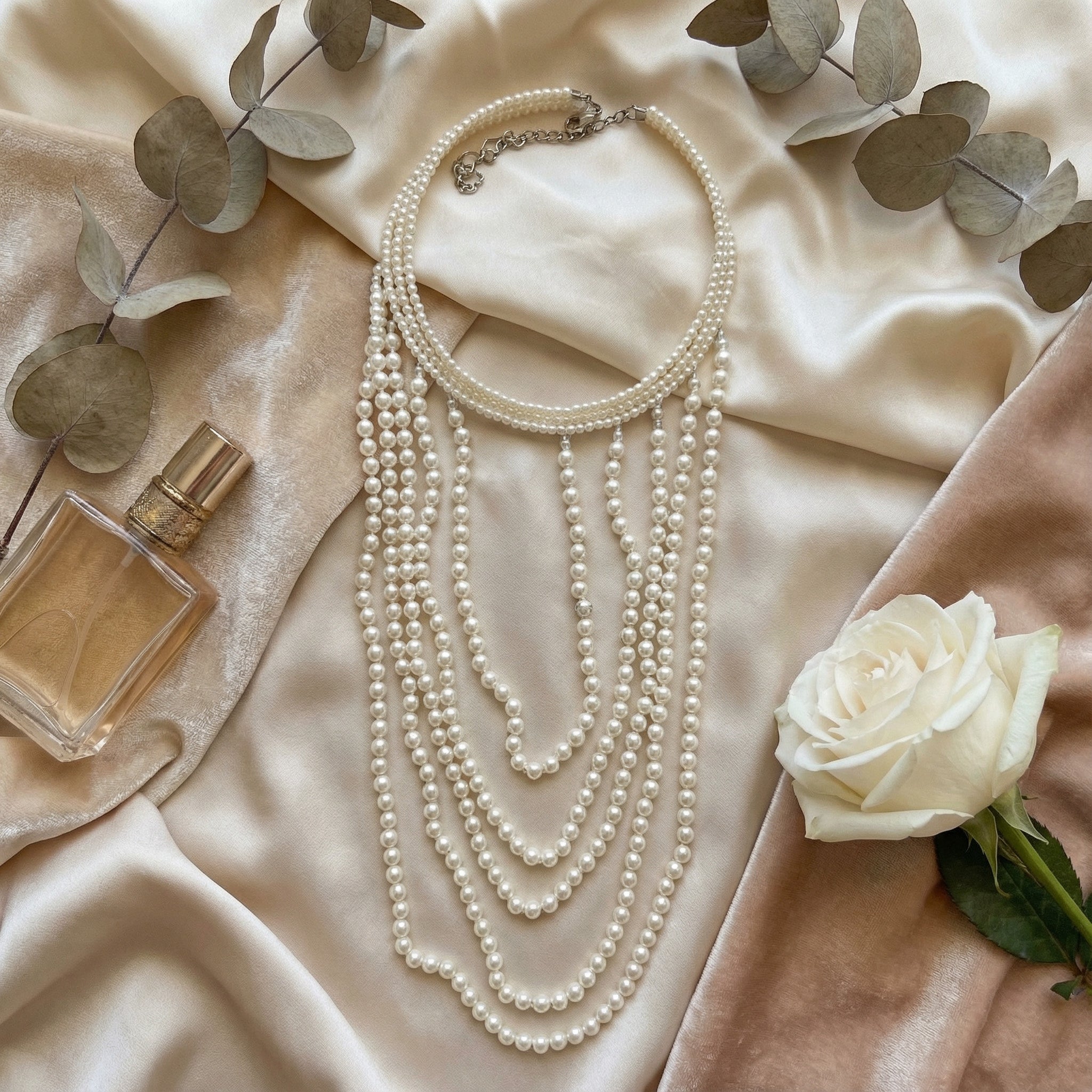 Cascading Multi-Strand Pearl Necklace with Silver-Tone Clasp