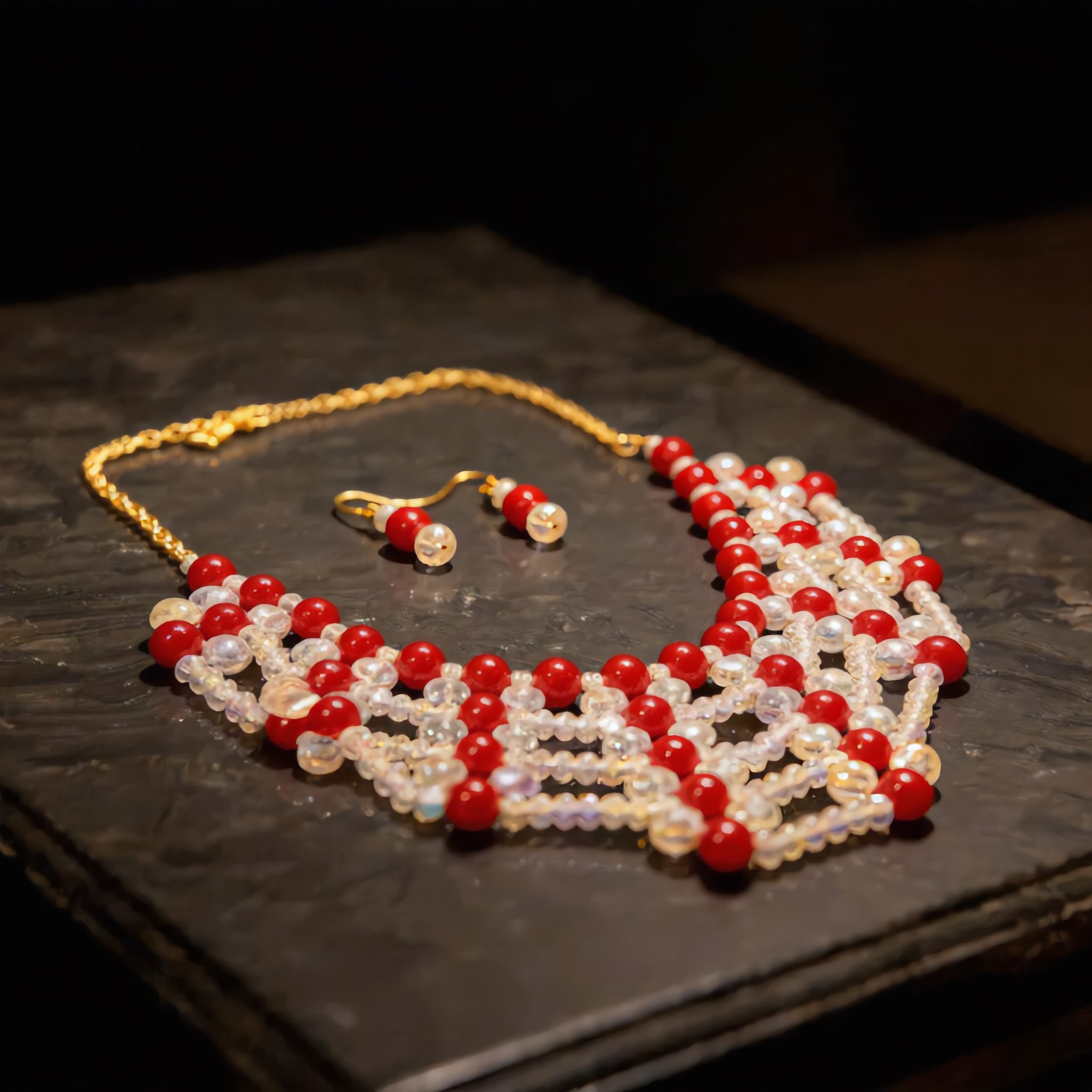 Red and White Beaded Choker Set