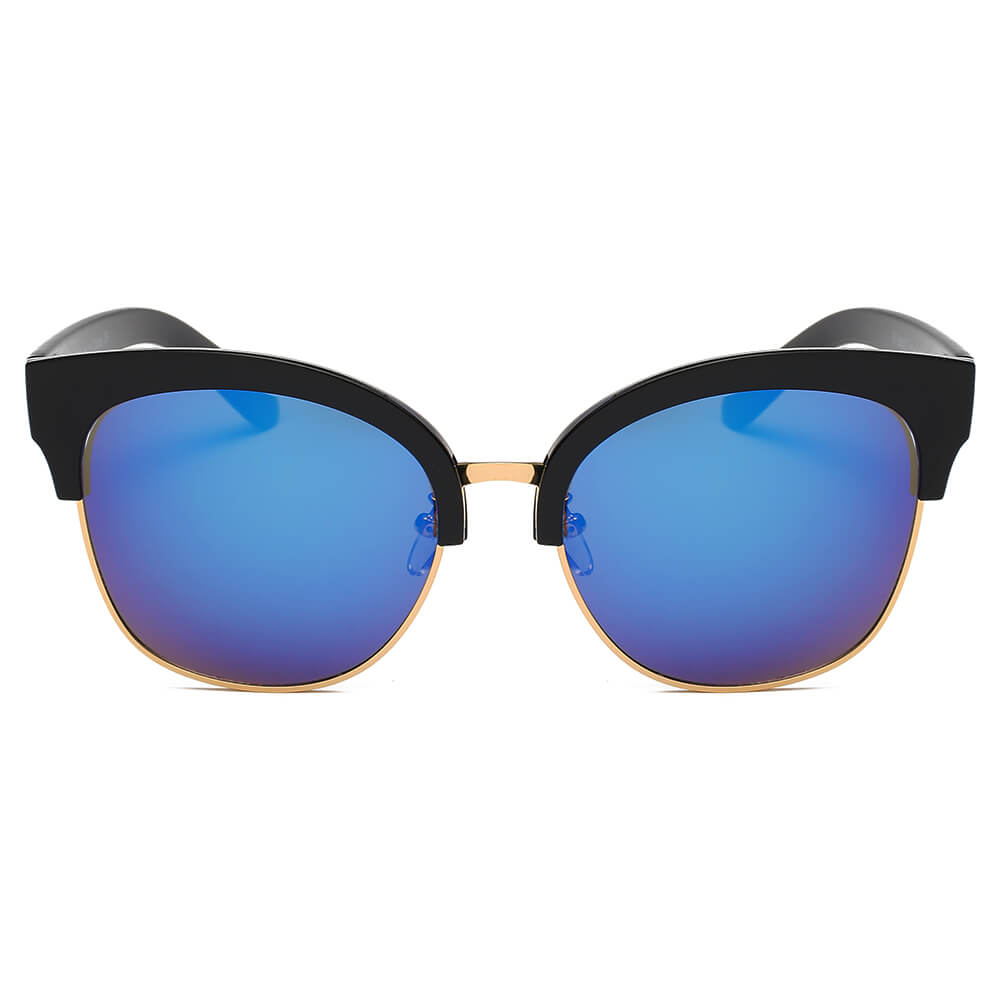 JENISON | Flat Mirrored Lens Clubmaster Horned Rim Sunglasses