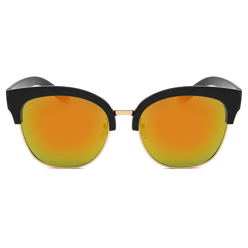 JENISON | Flat Mirrored Lens Clubmaster Horned Rim Sunglasses
