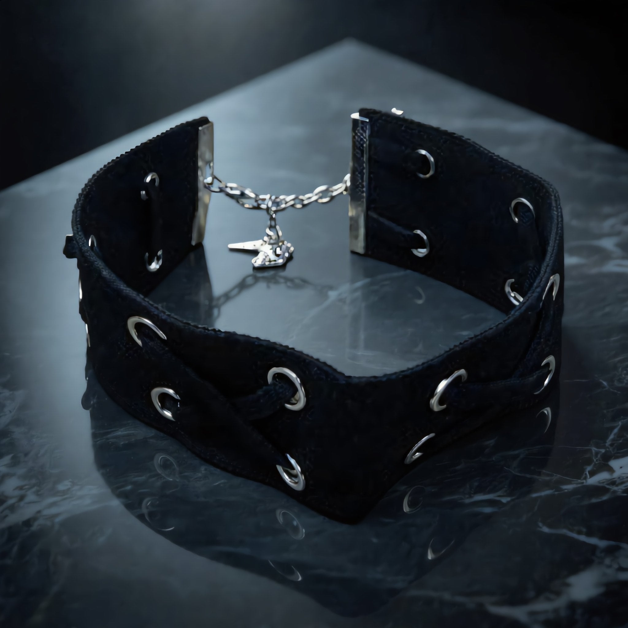 Black Fabric Choker with Silver Eyelets