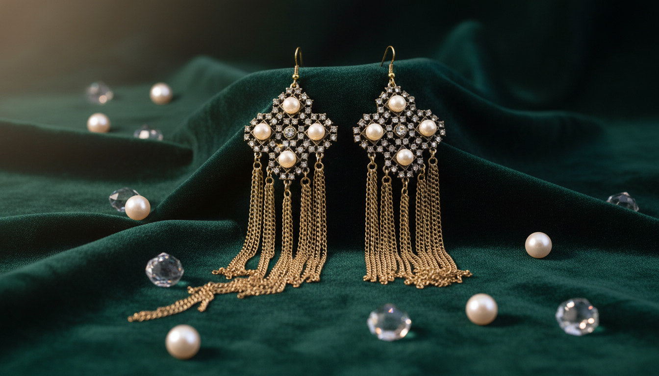 Ornate Pearl and Gold Chandelier Earrings