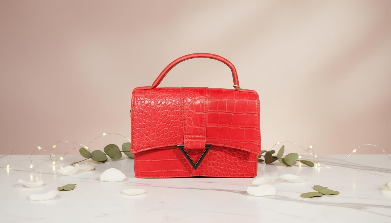 Red Crocodile-Textured Top-Handle Bag