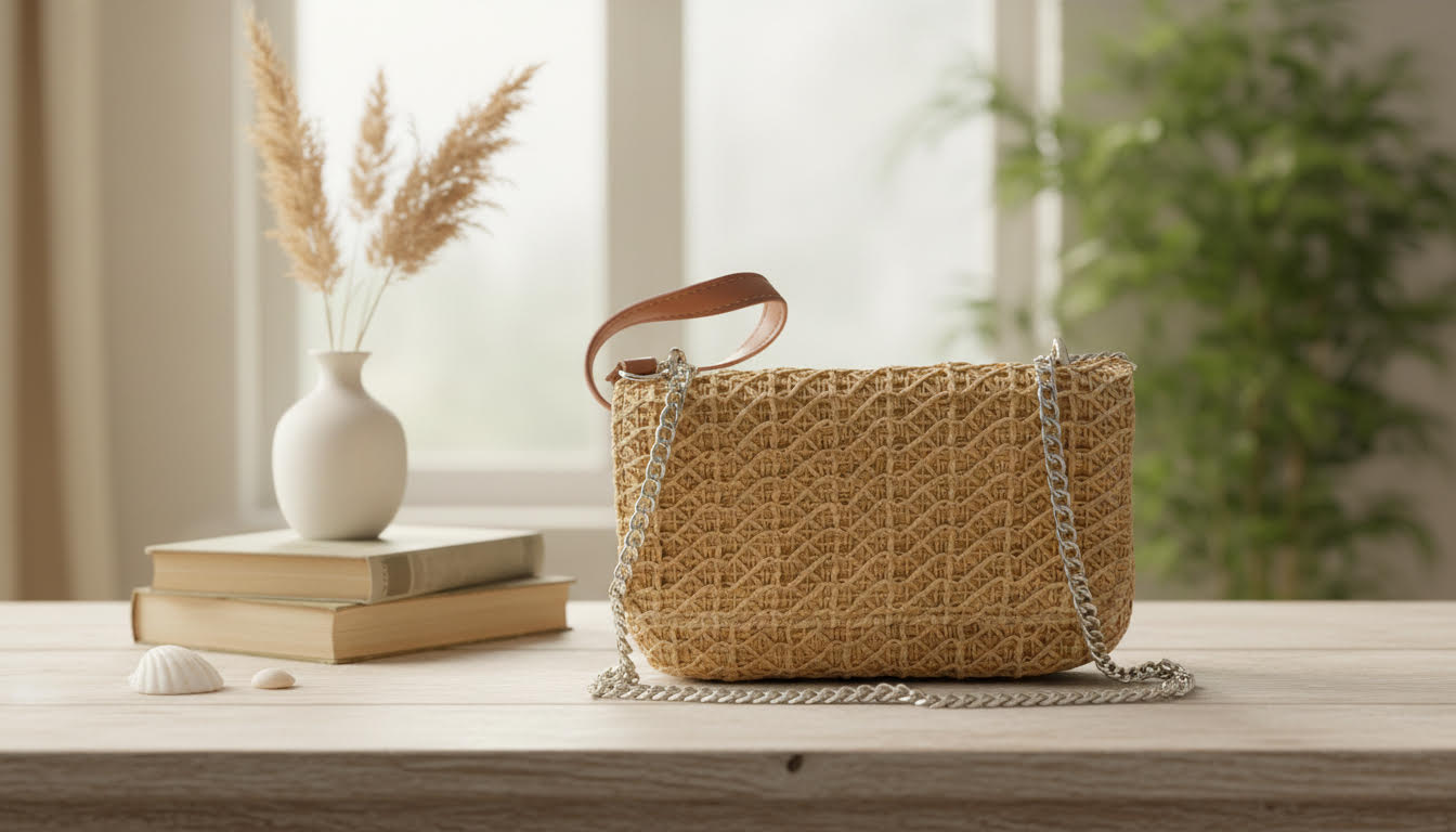 Woven Straw Crossbody Bag with Chain Strap and Leather Handle