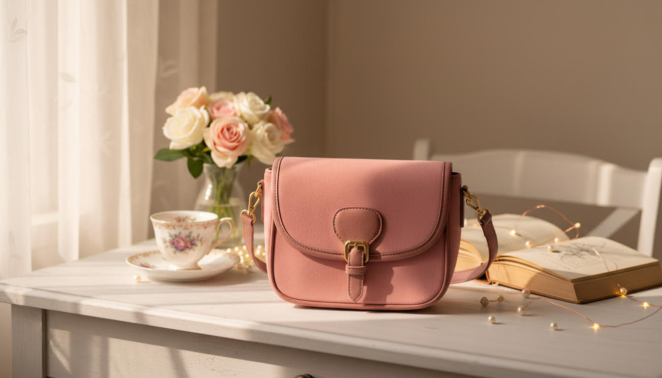 Soft Pink Crossbody Bag with Gold Buckle