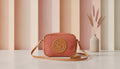 Elegant Coral Crossbody Bag with Tan Accents