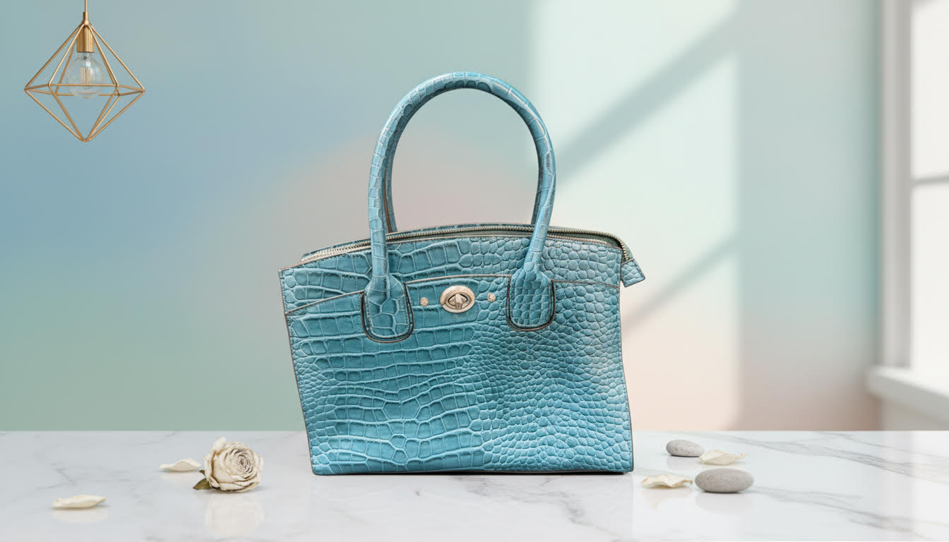 Turquoise Crocodile-Textured Handbag
