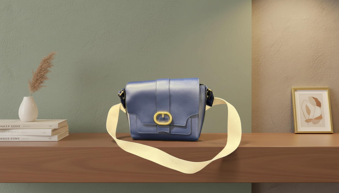 Blue Leather Crossbody Bag with a Gold Buckle and Cream Strap