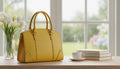 Yellow Handbag with Smooth Textured Leather, Double Top Handles