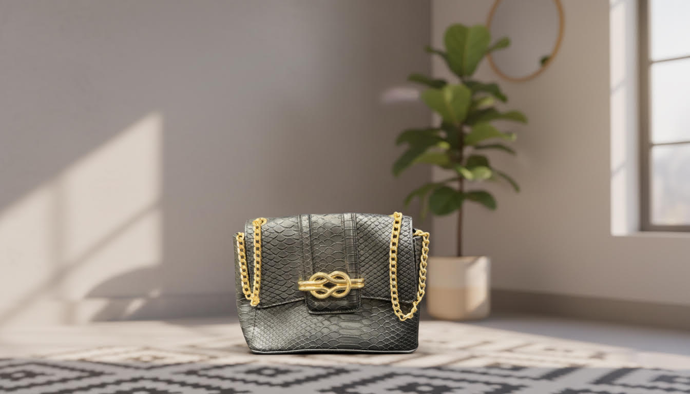 Black Textured Handbag with Gold Chain Accents