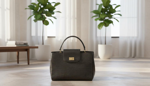 Black Croc-Embossed Handbag with Top Handle