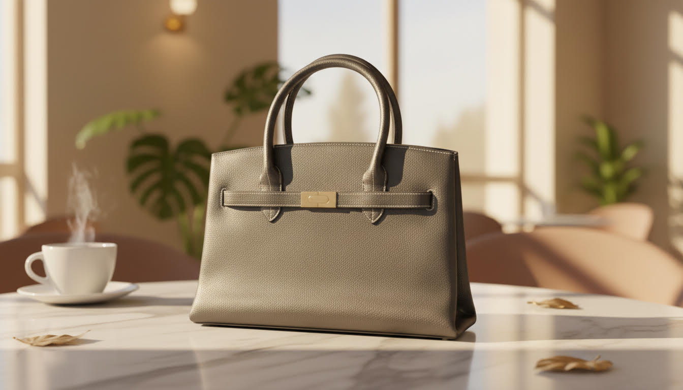 Chic Taupe Leather Handbag with Gold-Tone Clasp